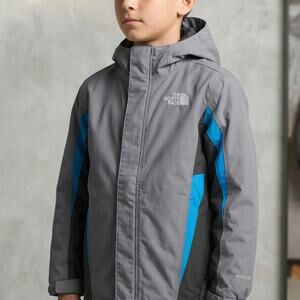 The North Face Boy's HyVent Hooded Jacket Grey Blue Outdoor Rain Coat Size M 10/